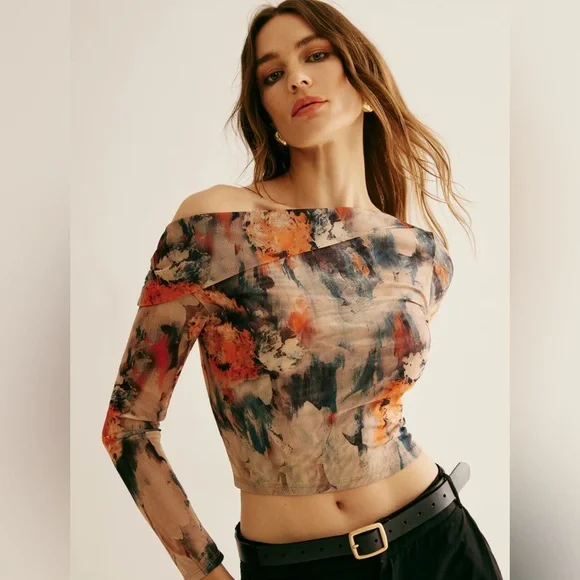 NEW Commense Retro Asymmetrical Collar Crop Top One Shoulder Long Sleeve Large - Picture 1 of 11